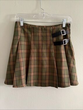 Hot topics Social Collision Green & Brown Plaid Buckle Mini S